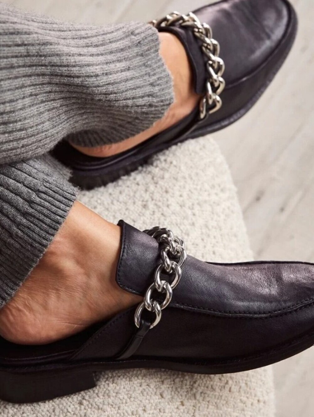 Free People Black Leather Vida Slip-on Silver Chain Mules - Size - 39